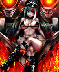 1girl absurdres alternate_costume azur_lane bikini black_bikini black_footwear black_hair black_nails blue_eyes boots cannon commissar_cap crossed_legs deutschland_(azur_lane) eyewear_on_headwear fire glowing glowing_weapon goggles goggles_on_headwear hat highres leather leather_belt leather_boots leather_strap leg_belt long_hair looking_at_viewer micro_bikini multicolored_hair nipple_slip nipples peaked_cap platform_boots platform_footwear rigging rikichiki sharp_teeth side-tie_bikini_bottom sitting sitting_on_object sparks streaked_hair swimsuit teeth very_long_hair weapon