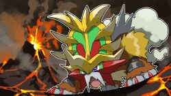 animal_focus blacknirrow blue_eyes eruption full_body gouging_fire highres lava nintendo no_humans open_mouth outline pokemon pokemon_(creature) pokemon_focus smoke volcano white_outline