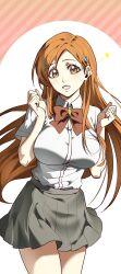 Rule 34 | 1girl, bleach, blouse, breasts, brown eyes, female focus, hair ornament, hairclip, highres, inoue orihime, karakura high school uniform, large breasts, light blush, long hair, n (nauki 11), orange hair, red ribbon, ribbon, school uniform, shirt, skirt, teeth