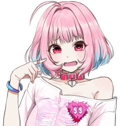 1girl ahoge aqua_hair belt_collar blush bob_cut bomujun bracelet breasts choker collar collarbone colored_inner_hair fang hair_intakes heart-shaped_lock heart_collar heart_on_chest highres idolmaster idolmaster_cinderella_girls idolmaster_cinderella_girls_starlight_stage jewelry large_breasts looking_at_viewer multicolored_hair open_mouth oversized_clothes oversized_shirt pink_eyes pink_hair pink_heart raised_eyebrows red_choker shirt short_sleeves simple_background single_bare_shoulder skeleton_print solo t-shirt twirling_hair two-tone_hair upper_body white_background white_shirt yumemi_riamu