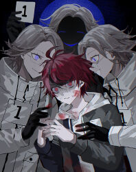 Rule 34 | 3boys, @ @, absurdres, ahoge, aotsuki eito, black background, black gloves, black hair, black jacket, blood, blood on clothes, blood on face, bloody weapon, blue background, card, chinese commentary, chromatic aberration, closed mouth, crazy eyes, glasses, gloves, grey hair, hands up, high collar, highres, holding, holding card, holding knife, hood, hood down, hoodie, jacket, knife, long sleeves, looking at another, male focus, multicolored hair, multiple boys, multiple persona, numbered, open mouth, parted lips, profile, purple eyes, ravenclawowl, red eyes, red hair, shade, shaded face, short hair, smile, spoilers, streaked hair, sumino takumi, sweat, sweatdrop, the hundred line -last defense academy-, turn pale, two-tone hair, upper body, weapon, white hoodie, white jacket