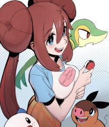 1girl absurdres blue_eyes breasts brown_hair donut_hair_bun double_bun gen_5_pokemon hair_bun hands_up highres holding holding_poke_ball light_blush light_pupils long_hair looking_at_viewer medium_breasts nintendo open_mouth oshawott poke_ball poke_ball_(basic) poke_ball_print pokemon pokemon_(creature) pokemon_bw2 raglan_sleeves rosa_(pokemon) shirt sho-n-d short_sleeves smile snivy starter_pokemon_trio t-shirt tepig twintails underbust