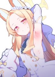 1girl absurdres animal_ear_fluff animal_ears arm_up armpit_focus armpits blonde_hair blue_archive blue_necktie blush bow breasts bright_pupils closed_mouth commentary_request detached_sleeves dress flower_wreath fox_ears gradient_eyes halo highres loli long_hair long_sidelocks long_sleeves looking_at_viewer multicolored_eyes necktie parted_bangs pink_eyes presenting_armpit seia_(blue_archive) sidelocks sleeve_bow sleeveless sleeveless_dress sleeves_past_fingers sleeves_past_wrists small_breasts solo sutora_binsuke sweat two-tone_eyes very_long_hair white_bow white_dress white_pupils white_sleeves wide_sleeves yellow_bow yellow_eyes yellow_halo