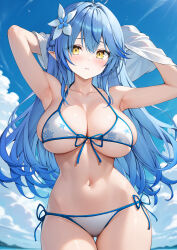 1girl absurdres ahoge armpits arms_up bikini blue_hair blue_sky blush breasts cloud collarbone curvy day elf flower gluteal_fold hair_flower hair_ornament heart heart_ahoge highres hololive large_breasts navel otokucha outdoors parted_lips pointy_ears side-tie_bikini_bottom sky solo stomach swimsuit virtual_youtuber white_bikini yellow_eyes yukihana_lamy