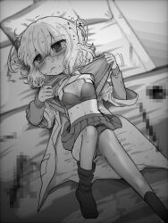1girl ahoge blush bra breasts censored clothes_lift drooling glasses greyscale highres kagaku_chop lab_coat monochrome mosaic_censoring navel panties pleated_skirt ringed_eyes shirt_lift short_hair skirt small_breasts suzuzono_sai sweat underwear yasashii_naizou