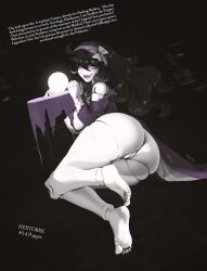 1girl ass bare_legs barefoot black_background black_hair bottomless breasts cracked_skin doll_joints game_freak hairband hex_maniac_(pokemon) highres huge_ass indoors joints large_breasts long_hair looking_at_viewer lying mechanization nintendo orb pokemon pokemon_xy purple_eyes purple_hairband purple_lips smile solo the_kite thick_thighs thighs torn_clothes very_long_hair wide_hips