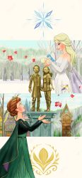 1boy 3girls absurdres anna_(frozen) blush bruni_(frozen) cape d74335631 dress elsa_(frozen) eyeshadow from_side frozen_(disney) frozen_ii_(disney) green_cape green_dress green_eyes highres leaf long_dress long_hair makeup maple_leaf multiple_girls open_mouth purple_eyeshadow red_lips statue tiara updo white_dress