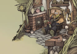 Rule 34 | 2boys, :d, artist name, bag, bald, black shirt, blue overalls, blush, brown shoes, bucket, chair, closed eyes, commentary request, crate, dark-skinned male, dark skin, doll, doll joints, father and son, fireplace, full body, geppetto (the adventures of pinocchio), glasses, hug, jar, joints, laughing, multiple boys, open mouth, overalls, pinocchio (the adventures of pinocchio), plaid clothes, plaid shirt, red shorts, robe, satchel, scarf, shirt, shoes, shorts, smile, stone floor, table, the adventures of pinocchio, tomohito, tree, white hair, white trim, window, wooden bucket, yellow scarf, yellow shirt