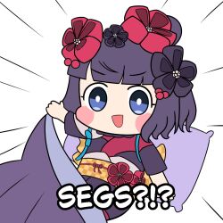 1girl benimaru101 black_hair black_kimono blue_eyes blush_stickers chibi commentary english_commentary english_text fate/grand_order fate_(series) flower hair_flower hair_ornament japanese_clothes katsushika_hokusai_(fate) katsushika_hokusai_(first_ascension)_(fate) kimono open_mouth pillow sash short_hair smile solo white_background yellow_sash