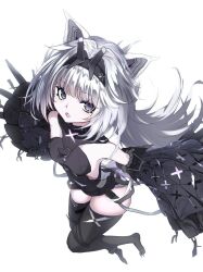 1girl animal_ears black_bodysuit black_hairband black_sleeves black_thighhighs bodysuit breasts claws detached_sleeves fang grey_hair hair_intakes hairband long_hair long_sleeves looking_at_viewer mechanical_ears mechanical_tail mismatched_pupils no._21:_feral_scent_(pgr) no._21_(pgr) open_mouth punishing:_gray_raven sidelocks sleeveless sleeveless_bodysuit small_breasts solo symbol-shaped_pupils tail takashi_san thighhighs wolf_ears wolf_tail