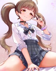 1girl ahoge between_legs black_bow black_bowtie black_choker black_nails black_skirt blush bow bowtie bracelet breasts brown_hair buttons choker closed_mouth collarbone concept_gyarus_(idolmaster) cowboy_shot earrings hakozaki_serika hand_between_legs heart heart_choker highres idolmaster idolmaster_million_live! idolmaster_million_live!_theater_days jewelry koaya light_particles looking_at_viewer multiple_earrings plaid_clothes plaid_skirt ring school_uniform shirt sitting skirt small_breasts smile solo thighs twintails unbuttoned v wariza wavy_hair white_shirt