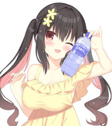 Rule 34 | 1girl, bare shoulders, black hair, blush, bottle, breasts, cleavage, collarbone, colored inner hair, dress, flower, hair between eyes, hair flower, hair ornament, highres, holding, holding bottle, large breasts, long hair, looking at viewer, multicolored hair, one eye closed, open mouth, original, pink hair, red eyes, sakura (utsumire), simple background, smile, twintails, two-tone hair, upper body, utsunomiya tsumire, very long hair, water bottle, white background, yellow dress, yellow flower
