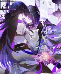 Rule 34 | 3girls, absurdres, acheron (honkai: star rail), birdcage, black choker, black gloves, bow (weapon), cage, chibi, chibi inset, choker, commentary request, detached sleeves, elysia (herrscher of human: ego) (honkai impact), elysia (honkai impact), gloves, hair over one eye, highres, holding hands, honkai: star rail, honkai (series), honkai impact 3rd, long hair, looking at viewer, multicolored hair, multiple girls, pink hair, profile, purple eyes, purple hair, raiden mei, raiden mei (apho), ribbon, sawashiro miyuki, single bare shoulder, ste7619, streaked hair, voice actor connection, watermark, weapon, weibo watermark