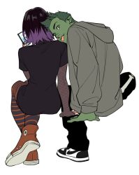 1boy 1girl beast_boy_(dc) black_eyes cellphone colored_skin couple dc_comics green_hair green_skin happy holding_hands phone piercing purple_hair raven_(dc) smile teen_titans tongue_piercing white_background