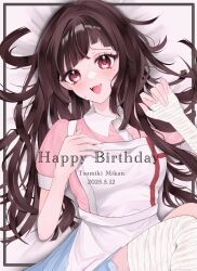 Rule 34 | 1girl, apron, bandaged arm, bandaged leg, bandages, black hair, breasts, character name, churu (chu1e0), collared shirt, danganronpa (series), danganronpa 2: goodbye despair, dated, fang, happy birthday, highres, large breasts, long hair, lying, mole, mole under eye, on back, pink eyes, pink shirt, shirt, smile, solo, sweat, teeth, tongue, tsumiki mikan, upper teeth only, white apron, white shirt