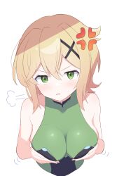 1girl :t absurdres akatsuki_kirika anger_vein bare_shoulders blonde_hair blush breasts breasts_squeezed_together cleavage closed_mouth collarbone commentary cropped_torso gmkz_kawaii grabbing_own_breast green_eyes green_leotard hair_between_eyes hair_ornament highres large_breasts leotard looking_at_viewer medium_hair meme next_time_you&#039;re_getting_this_(meme) pout puff_of_air senki_zesshou_symphogear sidelocks simple_background solo upper_body v-shaped_eyebrows white_background x_hair_ornament