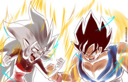 Rule 34 | aura, bang dacy, black eyes, black hair, black lips, breasts, chest jewel, clenched hands, collarbone, dragon ball, dragon ball gt, dress, edalyn clawthorne, fang, grey hair, hair between eyes, hands up, long hair, long sleeves, looking at another, muscular, pectorals, pointy ears, powering up, red dress, screaming, sidelocks, simple background, son goku, sparks, talking, the owl house, white background, white hair, yellow aura, yellow eyes