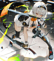 1girl anby_demara anby_demara_(silver_soldier) armored_boots black_hairband black_thighhighs boots breasts dress fingerless_gloves gloves grey_hair hairband holding holding_weapon looking_at_viewer mouth_hold orange_eyes scottie_(phantom2) short_hair short_sleeves solo thighhighs weapon white_dress white_gloves zenless_zone_zero