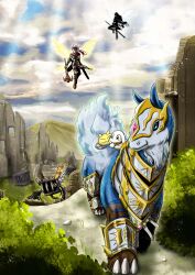1boy 1girl absurdres angemon baluchimon blue_eyes blue_fur body_fur commentary_request darcmon digimon digimon_(creature) forehead_jewel green_eyes highres mimicmon nature nyaromon official_art outdoors plotmon