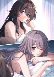 2girls absurdres bed_sheet black_hair blue_eyes blue_hair breasts brown_hair cleavage closed_mouth grey_hair hair_between_eyes hand_up herta_(honkai:_star_rail) highres honkai:_star_rail honkai_(series) indoors long_hair looking_at_another lying medium_breasts multicolored_hair multiple_girls naked_sheet nude on_bed on_stomach one_eye_closed parted_lips purple_eyes purple_nails ruan_mei_(honkai:_star_rail) somechime_(sometime1209) the_herta_(honkai:_star_rail) two-tone_hair