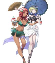 2girls attack bikini blonde_hair bracelet breasts colored_inner_hair constance_von_nuvelle constance_von_nuvelle_(summer) dark-skinned_female dark_skin drill_hair drill_sidelocks fire_emblem fire_emblem:_three_houses fire_emblem_heroes flower folding_fan food green_bikini hair_flower hair_ornament hairband hand_fan hapi_(fire_emblem) hapi_(summer)_(fire_emblem) highres holding holding_umbrella ice_cream jewelry medium_breasts medium_hair multicolored_hair multiple_girls nail_polish navel nintendo non-web_source official_alternate_costume official_art one-piece_swimsuit parasol purple_eyes purple_hair red_eyes red_hair sandals sarong short_hair sidelocks swimsuit umbrella white_sarong