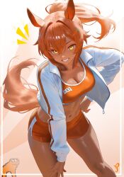 1girl breasts buruma carrot_hair_ornament cleavage commentary cowboy_shot dark-skinned_female dark_skin english_commentary food-themed_hair_ornament hair_between_eyes hair_ornament highres horse_girl horse_race_tests horse_tail jacket jovial_merryment long_hair looking_at_viewer navel open_clothes open_jacket open_mouth orange_background orange_buruma orange_eyes ponytail pracuneth simple_background smile solo sports_bra tail two-tone_background white_background white_jacket white_mouth