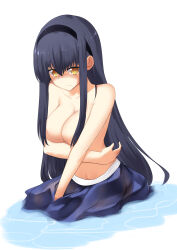 1girl 3: absurdres arm_under_breasts bare_arms bare_shoulders between_legs black_hair black_hairband blush breasts cleavage closed_mouth collarbone commentary convenient_censoring covering_breasts covering_privates embarrassed eyebrows_hidden_by_hair full_body furrowed_brow hair_between_eyes hair_censor hairband hand_between_legs hidamarinet highres kushima_kamome large_breasts long_hair nose_blush sidelocks simple_background sitting solo split_mouth straight_hair summer_pockets very_long_hair water white_background yellow_eyes
