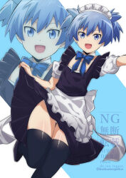 1boy absurdres ansatsu_kyoushitsu apron black_shoes black_thighhighs blue_bow blue_bowtie blue_eyes bow bowtie chiyu_(bokunopiko) crossdressing dress frills highres maid maid_apron maid_day maid_headdress male_focus panties panty_peek puffy_short_sleeves puffy_sleeves shiota_nagisa shoes short_dress short_sleeves simple_background solo thighhighs trap underwear white_apron white_panties