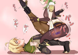 1boy 1girl aether_(genshin_impact) aether_(genshin_impact)_(cosplay) ahegao amazon_position anal black_boots blonde_hair boots capelet collei_(genshin_impact) collei_(genshin_impact)_(cosplay) cosplay costume_switch crossdressing femdom genshin_impact gloves green_capelet green_hair head_out_of_frame hetero high_heel_boots high_heels highres legs_up male_penetrated midriff pegging pink_background speech_bubble tongue tongue_out trap user_prhn5222 x-ray yellow_eyes