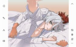 2girls arm_around_waist baesong bed_sheet blurry breasts camera cleavage dark-skinned_female dark_skin depth_of_field fake_phone_screenshot fake_screenshot grey_eyes grey_hair gundam gundam_suisei_no_majo head_on_pillow jewelry messy_hair miorine_rembran multiple_girls on_bed pillow reaching reaching_towards_viewer red_hair ring selfie shirt stray_hair suletta_mercury wedding_ring white_shirt wife_and_wife wrinkled_fabric yuri