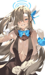 1girl absurdres animal_ears asuna_(blue_archive) bare_shoulders blue_archive blue_eyes blush bow bowtie breasts cleavage dress flower hair_over_one_eye halo highres large_breasts long_hair looking_at_viewer no_bra ramuri scrunchie slingshot_dress smile solo v very_long_hair wrist_cuffs wrist_scrunchie