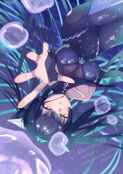 1girl bare_shoulders black_hair black_nails blue_hair breasts bubble cleavage collarbone colored_inner_hair covered_navel detached_sleeves dnea5227 foreshortening goddess_of_victory:_nikke highres little_mermaid_(nikke) long_hair multicolored_hair twintails twitter_username upside-down yellow_eyes