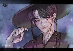1boy absurdres black_hair black_hanbok closed_mouth commentary demon earrings gat_(hat) gatkkeun glowing glowing_eyes hanbok hashtag-only_commentary hat highres jewelry jinu_(kpop_demon_hunters) korean_clothes korean_traditional_hat kpop_demon_hunters lips lunalily1111 male_focus short_hair slit_pupils smile solo symbol-only_commentary upper_body yellow_eyes