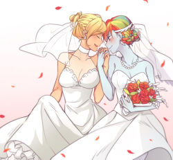 2girls :d ^_^ alternate_hair_length alternate_hairstyle applejack applejack_(equestria_girls) bare_arms bare_shoulders bead_necklace beads blonde_hair blue_hair blue_skin bouquet braid breasts bridal_veil cleavage closed_eyes closed_mouth collarbone colored_skin commentary dcon_34 dress earrings face-to-face facing_another feet_out_of_frame female_focus fingernails flower freckles gradient_background green_hair hair_bun highres holding holding_bouquet holding_hands interlocked_fingers jewelry knee_up large_breasts leaf long_dress looking_at_another multicolored_hair multiple_girls my_little_pony my_little_pony:_equestria_girls my_little_pony:_friendship_is_magic necklace open_mouth orange_hair petals petticoat pink_background profile purple_eyes purple_hair rainbow_dash rainbow_dash_(equestria_girls) rainbow_hair red_flower red_hair red_petals red_rose ring rose rose_petals see-through_clothes see-through_veil short_hair simple_background single_hair_bun sitting smile strapless strapless_dress stud_earrings veil wedding_dress wedding_ring white_background white_dress white_flower white_veil wife_and_wife wing_earrings yuri