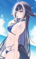 1girl :p ahoge arm_tattoo belt_collar bikini blue_bikini blue_hair blue_nails blue_sky breasts cetacean_tail cloud collar facial_mark finger_to_mouth fins fish_tail from_side heart heart_ahoge highres horizon indie_virtual_youtuber kiriii long_hair looking_at_viewer medium_breasts multi-strapped_bikini_bottom multicolored_hair ocean orca_girl purple_eyes shylily shylily_(bikini) sideboob sky solo standing stomach_tattoo streaked_hair swimsuit tail tattoo thigh_strap tongue tongue_out very_long_hair virtual_youtuber white_hair