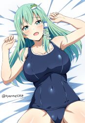 1girl alternate_costume arms_up black_one-piece_swimsuit breasts cameltoe cleavage covered_navel dot_nose double-parted_bangs frog_hair_ornament green_eyes green_hair hair_ornament hair_tubes highres huge_breasts kochiya_sanae kyanta5354 looking_at_viewer lying on_back one-piece_swimsuit school_swimsuit single_hair_tube single_sidelock snake_hair_ornament solo swimsuit touhou upper_body