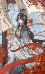 Rule 34 | 1girl, autumn, autumn leaves, black hair, blue eyes, blue hanfu, blue sky, bukeyisese40877, capelet, chinese clothes, closed mouth, clouded loong (infinity nikki), day, earrings, expressionless, feet out of frame, forehead jewel, grey capelet, hagoromo, hair bun, hair ornament, half updo, hanfu, hanging scroll, highres, infinity nikki, jewelry, leaf, lipstick, long hair, long sleeves, looking at viewer, low-tied long hair, makeup, miss bai (infinity nikki), nikki (series), outdoors, own hands together, parody, pillar, red lips, scroll, shawl, shining nikki, single hair bun, sky, solo, standing, tiara, very long hair, watermark, wide sleeves, wind
