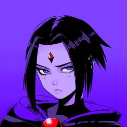 1girl black_hair cape colored_skin dc_comics eyelashes forehead_jewel frown highres looking_at_viewer purple_background purple_eyes randomdraws3 raven_(dc) simple_background solo teen_titans