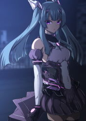 1girl absurdres ahoge amakubo_yuri aoi_tabane backlighting bare_shoulders black_gloves black_thighhighs blue_hair blunt_bangs blunt_ends blurry blurry_background breasts covered_navel cowboy_shot detached_sleeves dress exs-tia_flora gloves hair_ornament headgear highres kouyoku_senki_exs-tia long_hair looking_at_viewer magical_girl medium_breasts miniskirt night outdoors overskirt parted_lips pleated_skirt puffy_sleeves purple_eyes purple_skirt shadow sidelocks skirt small_breasts solo standing thighhighs twintails zettai_ryouiki