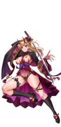 Rule 34 | 1girl, absurdres, black shirt, blonde hair, breasts, corruption, cropped shirt, crotch plate, dark persona, eyeshadow, fangs, fingernails, full body, glowing tattoo, granblue fantasy, harold japan, highres, holding, holding sword, holding weapon, horns, katana, large breasts, long fingernails, long hair, makeup, mind control, mirin (granblue fantasy), nipple piercing, nipples, parted lips, piercing, pink lips, pubic tattoo, purple eyes, pussy juice, red eyeshadow, red horns, red skirt, revealing clothes, shirt, simple background, skirt, solo, sword, tattoo, transparent background, weapon