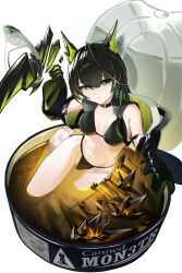 1girl absurdres animal_ears arknights bare_shoulders barefoot bikini black_bikini black_choker black_gloves black_hair black_jacket breasts can character_name choker closed_mouth elbow_gloves gloves green_eyes green_hair green_jacket hair_between_eyes highres in_water jacket jambaeng long_sleeves looking_at_viewer mon3tr_(arknights) multicolored_hair navel no_pants no_shoes originium_(arknights) rhodes_island_logo_(arknights) simple_background sitting solo string_bikini swimsuit two-tone_hair unworn_jacket water