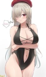 Rule 34 | 1girl, alternate costume, arm under breasts, artist name, beret, black one-piece swimsuit, blush, braid, breasts, cleavage, closed mouth, collarbone, commentary, commission, cowboy shot, english commentary, g36c (girls&#039; frontline), girls&#039; frontline, grey hair, hair over one eye, hat, highres, large breasts, long hair, looking at viewer, navel, one-piece swimsuit, randgriz96, red eyes, red hat, simple background, solo, speech bubble, spoken blush, swimsuit, white background