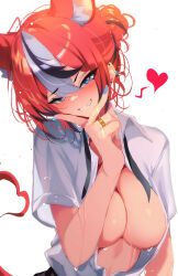 1girl absurdres animal_ears black_hair blue_eyes blue_nails breasts collared_shirt grey_hair grey_shirt grin hakos_baelz heart heart-shaped_pupils highres hololive hololive_english jewelry large_breasts looking_at_viewer mouse_ears mouse_girl mouse_tail red_hair ring shirt smile solo sweat symbol-shaped_pupils tail the0neulost virtual_youtuber white_background