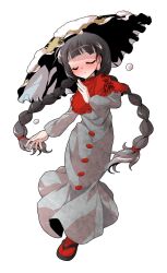Rule 34 | 1girl, ajirogasa, alphes (style), black hair, black sandals, blush, braid, buttons, capelet, clothes writing, commentary request, dairi, dress, frilled capelet, frilled hat, frills, full body, grey dress, hair tie, hat, large variant set, long hair, long sleeves, parody, puffy long sleeves, puffy sleeves, red capelet, red socks, sandals, snow, socks, solo, style parody, tabi, tachi-e, touhou, transparent background, tsurime, twin braids, variant set, yatadera narumi