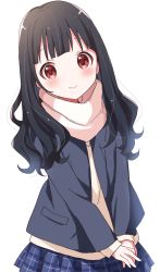 1girl black_hair blue_skirt blush brown_eyes buchi_(y0u0ri_) female_focus highres jacket long_hair looking_at_viewer original own_hands_together plaid_clothes plaid_skirt scarf skirt smile solo tareme wavy_hair white_neckwear