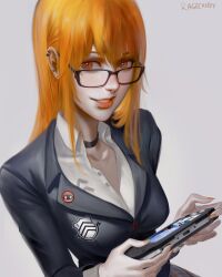 1girl absurdres aged_up artist_name badge black_choker black_jacket breasts brown_eyes button_badge choker collarbone collared_shirt ear_piercing face_piercing glasses grey_background grin handheld_game_console highres holding holding_handheld_game_console jacket lips long_hair looking_at_viewer medium_breasts morgana_(persona_5) nose_piercing nose_ring orange_hair orange_nails parted_lips persona persona_3 persona_3_portable persona_5 piercing playstation_portable ragecndy sakura_futaba school_uniform shirt shuujin_academy_school_uniform simple_background smile solo white_shirt
