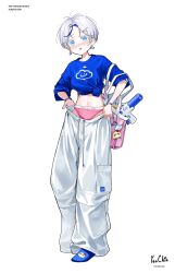 1girl absurdres aokumo_rin bag_charm baggy_pants blue_eyes blue_socks blue_streaks blue_sweater blush character_name charm_(object) clothes_pull clothes_writing commentary_request earrings firehippo forehead full_body highres jewelry korean_commentary long_hair looking_at_viewer midriff multicolored_hair navel necklace no_shoes nose_blush panties pants pants_pull parted_lips pink_bag pink_panties print_socks print_sweater pulling_own_clothes simple_background smile socks solo sports_panties standing stellive straight-on streaked_hair sweater three-quarter_sleeves tied_sweater underwear underwear_writing very_long_hair virtual_youtuber white_background white_hair white_pants wristband
