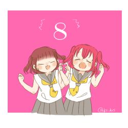 Rule 34 | 2girls, :3, :d, :o, ^^^, animification, border, clenched hands, closed eyes, commentary, countdown, facing viewer, furihata ai, ganbaru pose, grey sailor collar, grey skirt, kase (ks lys), kurosawa ruby, love live!, love live! sunshine!!, medium hair, multiple girls, neckerchief, open mouth, outside border, pink background, pleated skirt, real life, red hair, sailor collar, school uniform, serafuku, shirt, simple background, skirt, sleeveless, sleeveless shirt, smile, summer uniform, tie clip, twitter username, two side up, uranohoshi school uniform, voice actor, voice actor connection, white border, white shirt, yellow neckerchief