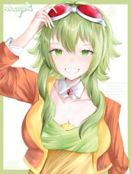 Rule 34 | 1girl, absurdres, arms up, border, breasts, collarbone, detached sleeves, goggles, goggles on head, green border, green eyes, green hair, grin, gumi, highres, jacket, long hair, looking at viewer, orange jacket, red goggles, shirt, short hair, short hair with long locks, skellychan, smile, solo, vocaloid, white background
