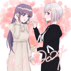 2girls :o absurdres aegis_zan black_choker black_jacket bob_cut breasts brown_dress choker colored_inner_hair commentary_request cowboy_shot dated diagonal_bangs dress feeding food green_eyes grey_hair hair_down hair_ornament highres holding holding_food holding_spoon hood hooded_jacket inverted_bob jacket link!_like!_love_live! long_hair long_sleeves looking_at_another loungewear love_live! medium_breasts multicolored_hair multiple_girls o-ring o-ring_choker official_alternate_costume official_alternate_hairstyle open_mouth otomune_kozue pink_background profile puffy_long_sleeves puffy_sleeves purple_hair red_eyes red_hair shirt short_hair sidelocks sideways_mouth spoon star_(symbol) star_hair_ornament streaked_hair virtual_youtuber white_shirt yugiri_tsuzuri